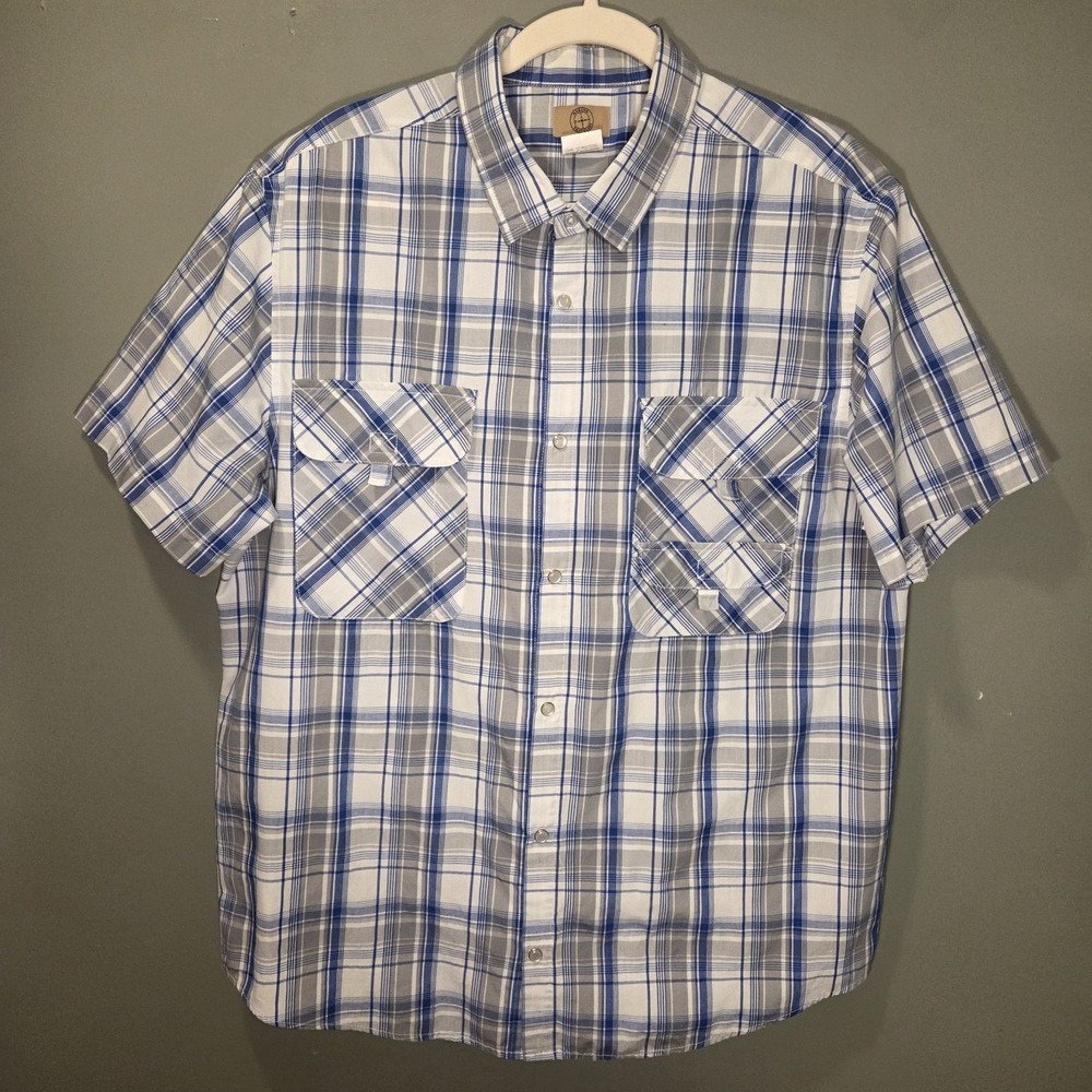 Haband Travelers Short Sleeve Snap Button Up Plaid Shirt Men's Size L Blue Multi